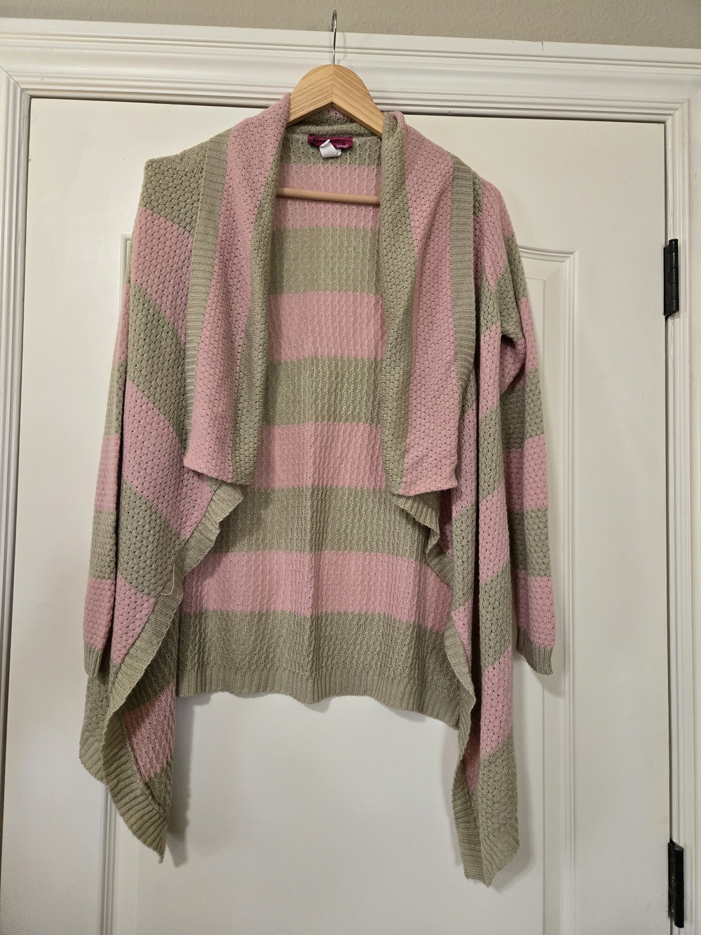 Striped Open-Front Cardigan in Pink and Sage Fall Cozy Warm Layering Knit